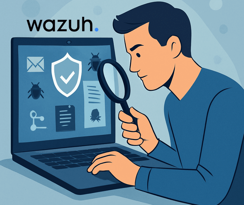 wazuh-siem-mensch wazuh siem - mensch mit lupe am Laptop