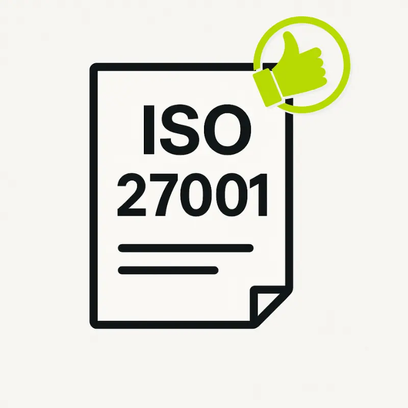 Dokument mit Aufschrift „ISO 27001“, oben rechts limegrüner Daumen-hoch – Hinweis auf erfolgreiche Zertifizierung.