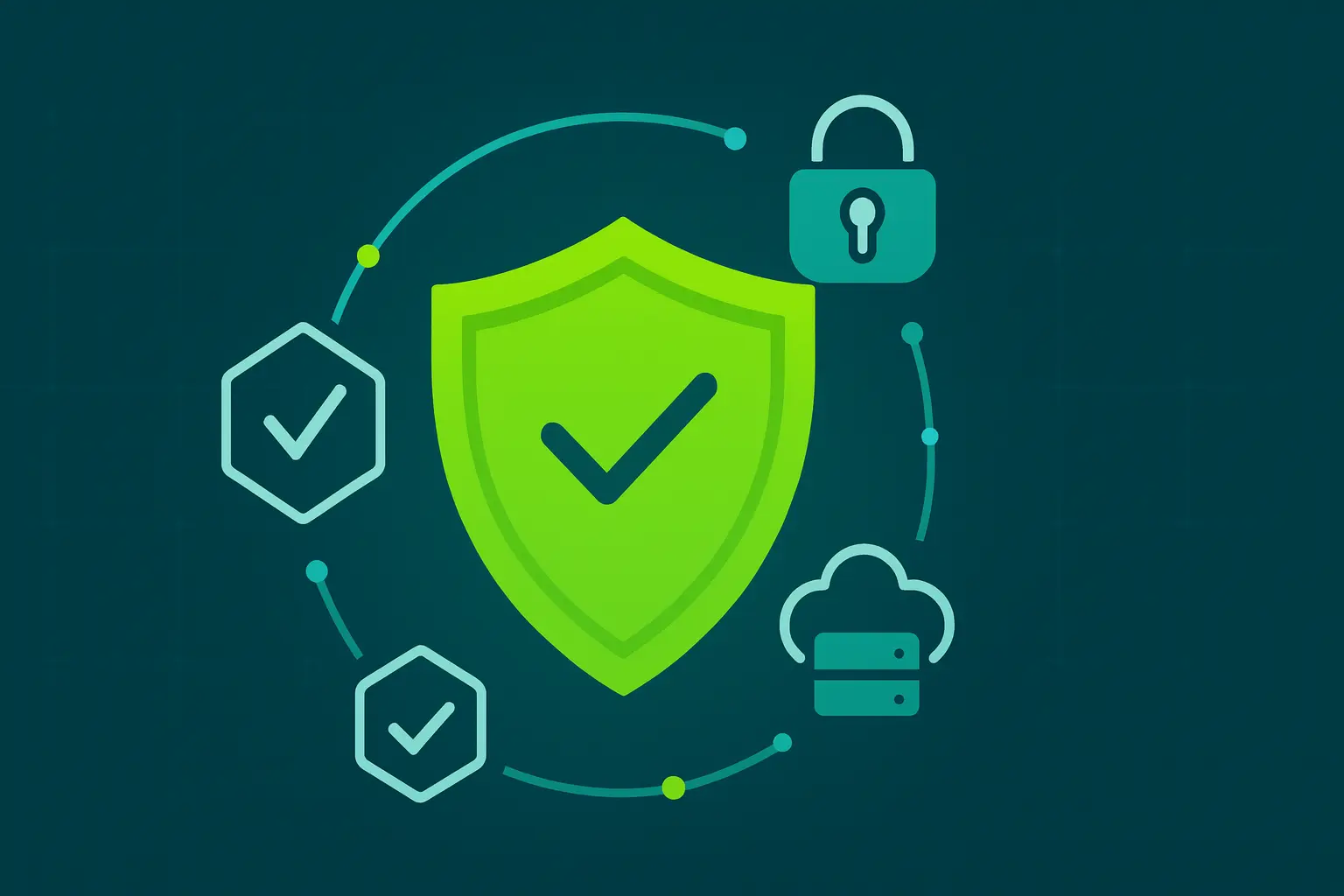 iso-27001-schild ISO-27001/ISMS Illustration: grünes Schild mit Häkchen auf dunkel-türkisem Hintergrund, umgeben von Schloss-, Cloud- und Prüf-Icons – Vertraulichkeit, Integrität, Verfügbarkeit.
