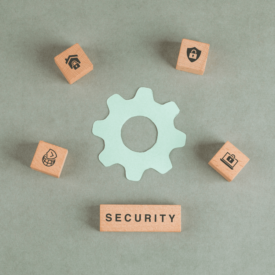 Was ist Zero Trust Security: Zahnrad in der Mitte mi den Elementen als Holzklötze