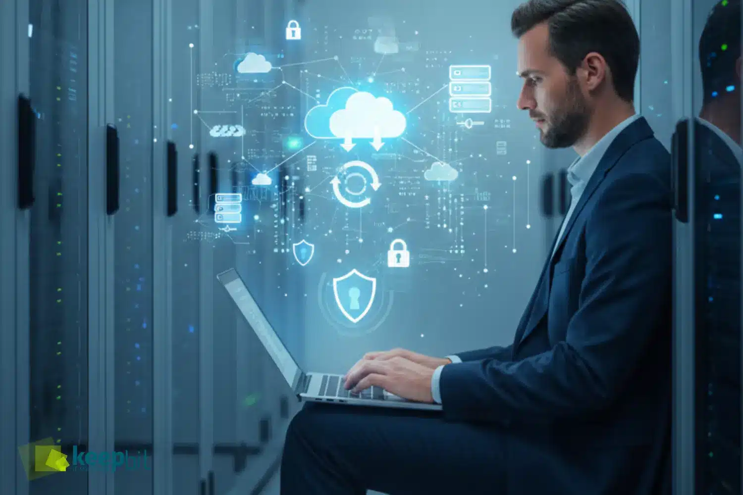 IT-Fachmann arbeitet im Serverraum an einem Laptop, während holografische Symbole für Cloud-Backups, Datensicherheit und Synchronisierung vor ihm schweben.