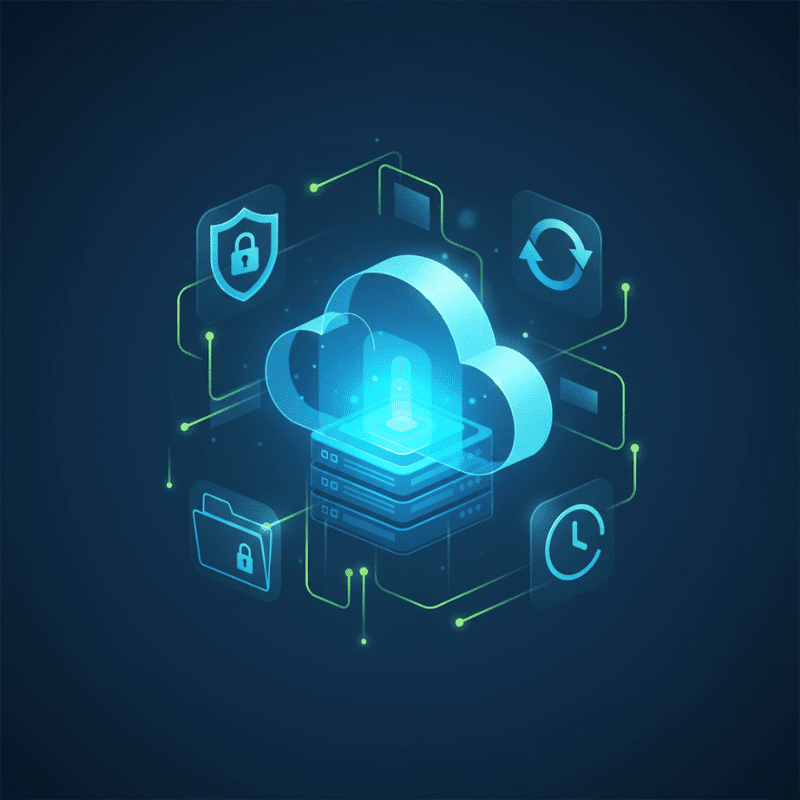 Illustration einer Cloud- und Server-Backup-Lösung mit Sicherheitsicons wie Schild, Ordner, Synchronisierung und Uhr – Darstellung verschiedener Arten der Datensicherung.