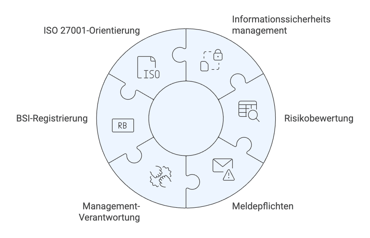 Grafische Darstellung der NIS2-Anforderungen als Kreisdiagramm mit Bausteinen für Informationssicherheitsmanagement, Risikobewertung, Meldepflichten, Management-Verantwortung, BSI-Registrierung und ISO-27001-Orientierung.