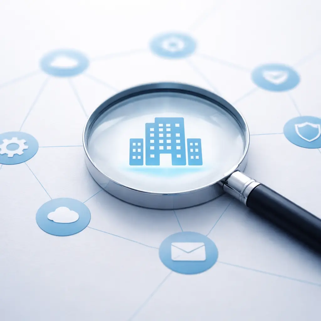 Lupe hebt ein abstrahiertes Unternehmenssymbol in einem digitalen Netzwerk hervor, minimalistisches Symbolbild für NIS2-Betroffenheit und Cyberregulierung.