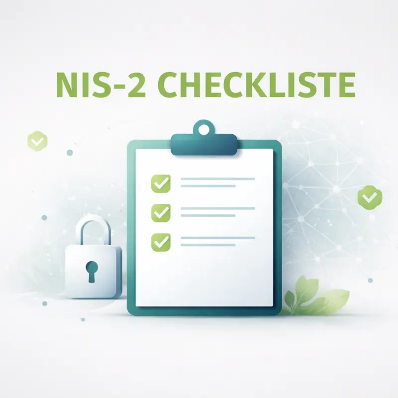 Minimalistische Illustration einer NIS-2-Checkliste auf grauem Hintergrund mit Klemmbrett, wenigen Häkchen und dezentem Sicherheits-Symbol.