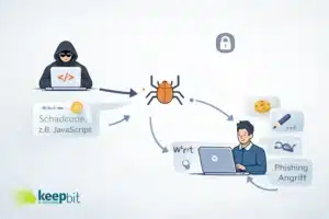 Illustration eines XSS-Angriffs mit Hacker, infizierter Webanwendung und betroffenem Nutzer auf blau-grauem Hintergrund.