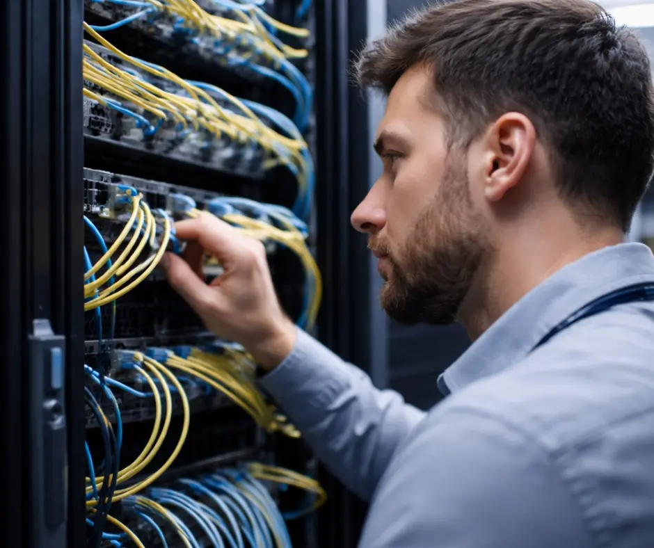 IT-Administrator überprüft Netzwerkverkabelung in einem Serverrack zur Sicherstellung von stabiler und sicherer DNS-Infrastruktur